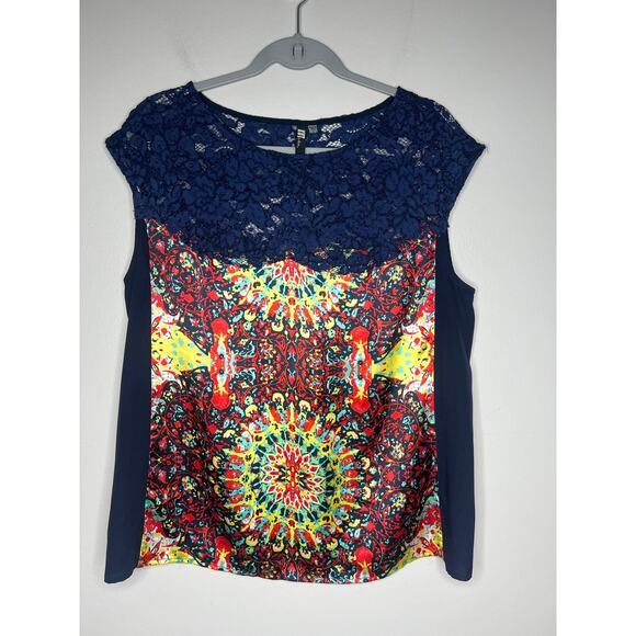 Kut from the Kloth Tops - KUT from the Kloth Sleeveless Blouse Navy Lace Multicolor Print Sz L Boho Artsy